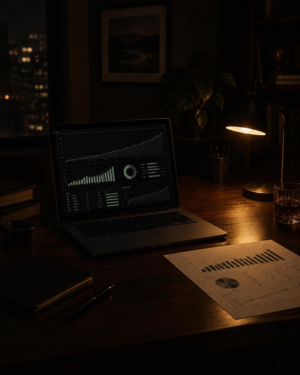 A dark desk at night with a laptop running a revenue dashboard and a printed report
